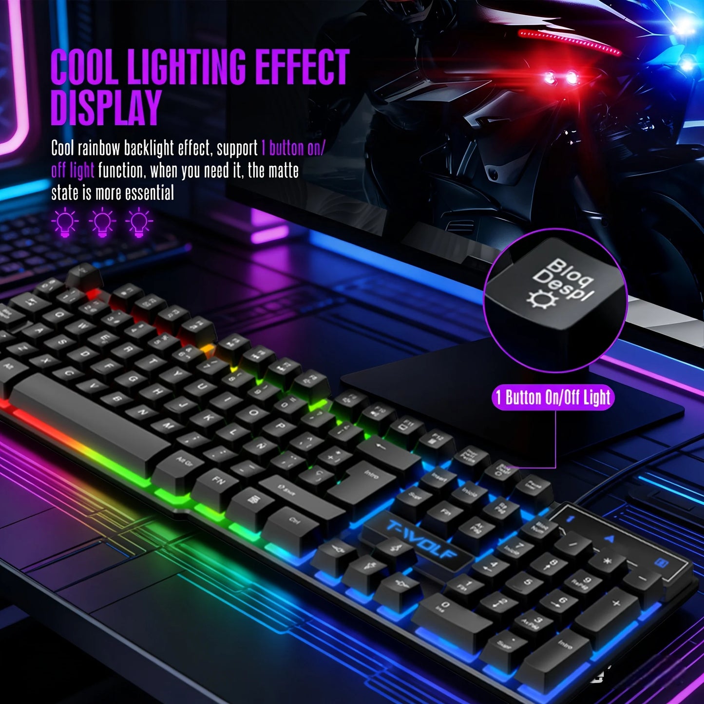 T20 Wired keyboard 104keys computer accessories game office RGB backlit mechanical feel Laser Carving Hollow character