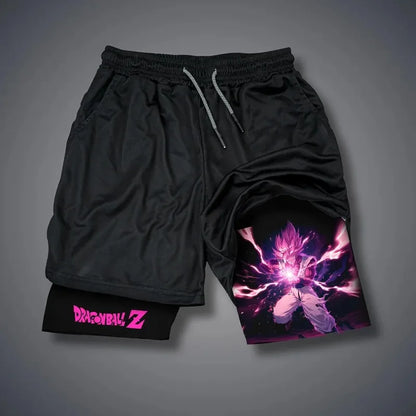 2026Summer Anime Gym Shorts Men's Lightweight Breathable Double Layer Performance Shorts with Dragon Ball SuperSaiyan Rose Print