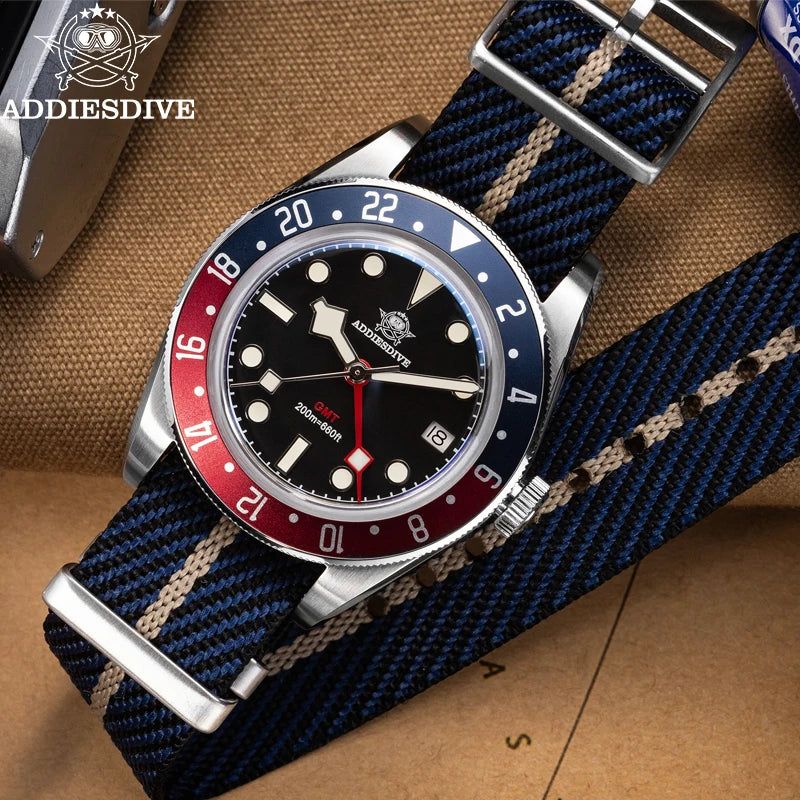 ADDIESDIVE GMT Quartz Watches Bubble Mirror Glass AD2044 Men's Sport Diver Watch 20Bar Waterproof Super Luminous Man WristWatch