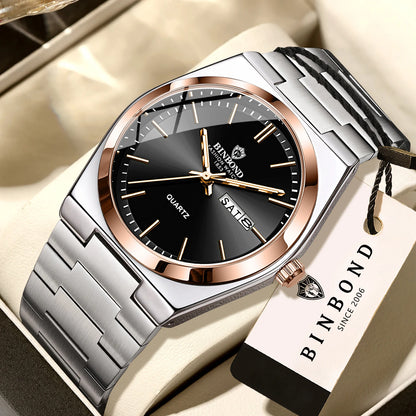 BINBOND luxury quartz wristwatch, luminous, water-resistant, day of the week, automatic date, steel bracelet, business, sport, fashion and casual styles.
