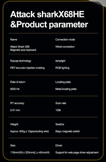 ATTACK SHARK X68HE X68Pro He Magnetische mechanische Tastatur für Pro-Gaming 0.01mm Rapid Trigger 8000Hz SOCD/Rs 0.125ms 128K Rate