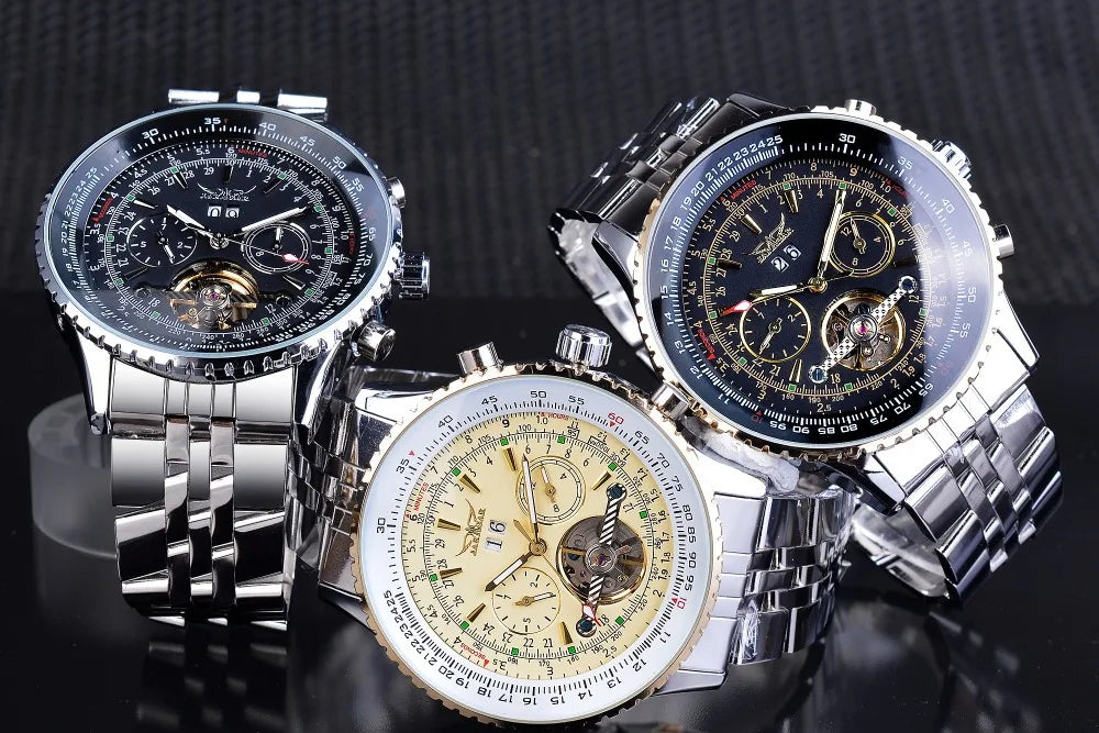 Luxusné retro automatické mechanické hodinky JARAGAR 034, tourbillon, vyprázdnená skeletová konštrukcia, nerezová oceľ, týždenný kalendár, pánske hodinky