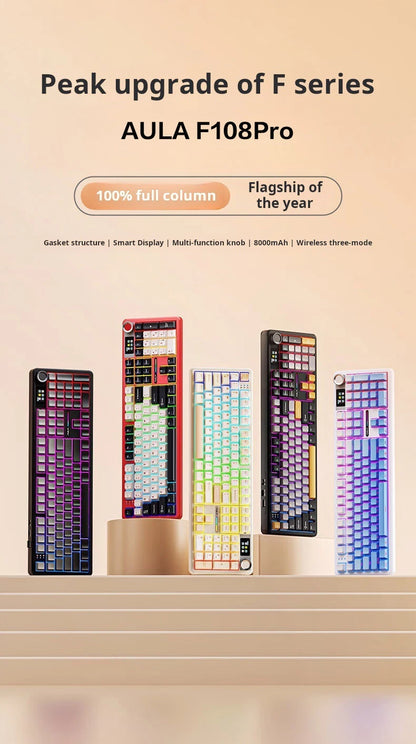 AULA F108 Pro Triple-mode Bluetooth 2.4G Wired Mechanical Keyboard Fully Customizable Hot-Swappable Keys Gasket Structure RGB