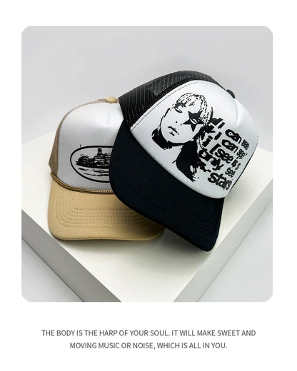 Kšiltovky ve stylu amerických kšiltovek s potiskem Cruise Anime New Letter Mesh Trucker – sluneční, prodyšné baseballové kšiltovky pro muže i ženy, univerzální módní kousek