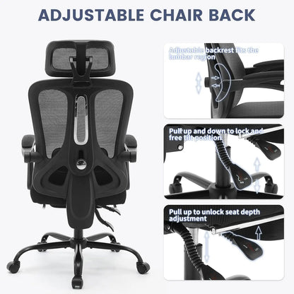 Ergonomic Office Chair With Adjustable Lumbar Support & Footrest, High-Back Mesh Gaming Chair With Tilt Mechanism For Home