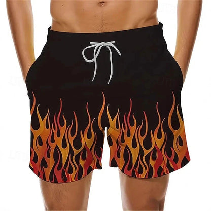 Hawaiian Style Beach Shorts For Men Flame Graphic 3D Print Board Shorts Summer Casual Drawstring Waist Party Beachwear Bottoms