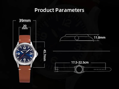 Milifortic Military Watch 39mm NH38 Automatic Mechanical Movement Retro Sapphire Crystal BGW9 Lume Leather Strap 10Bar Watch for Men