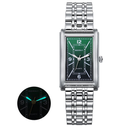 Montre carrée pour homme BERNY – Mouvement à quartz, cadran à chiffres romains, affichage luminescent, boîtier en acier inoxydable 316L – Montre rectangulaire élégante et décontractée