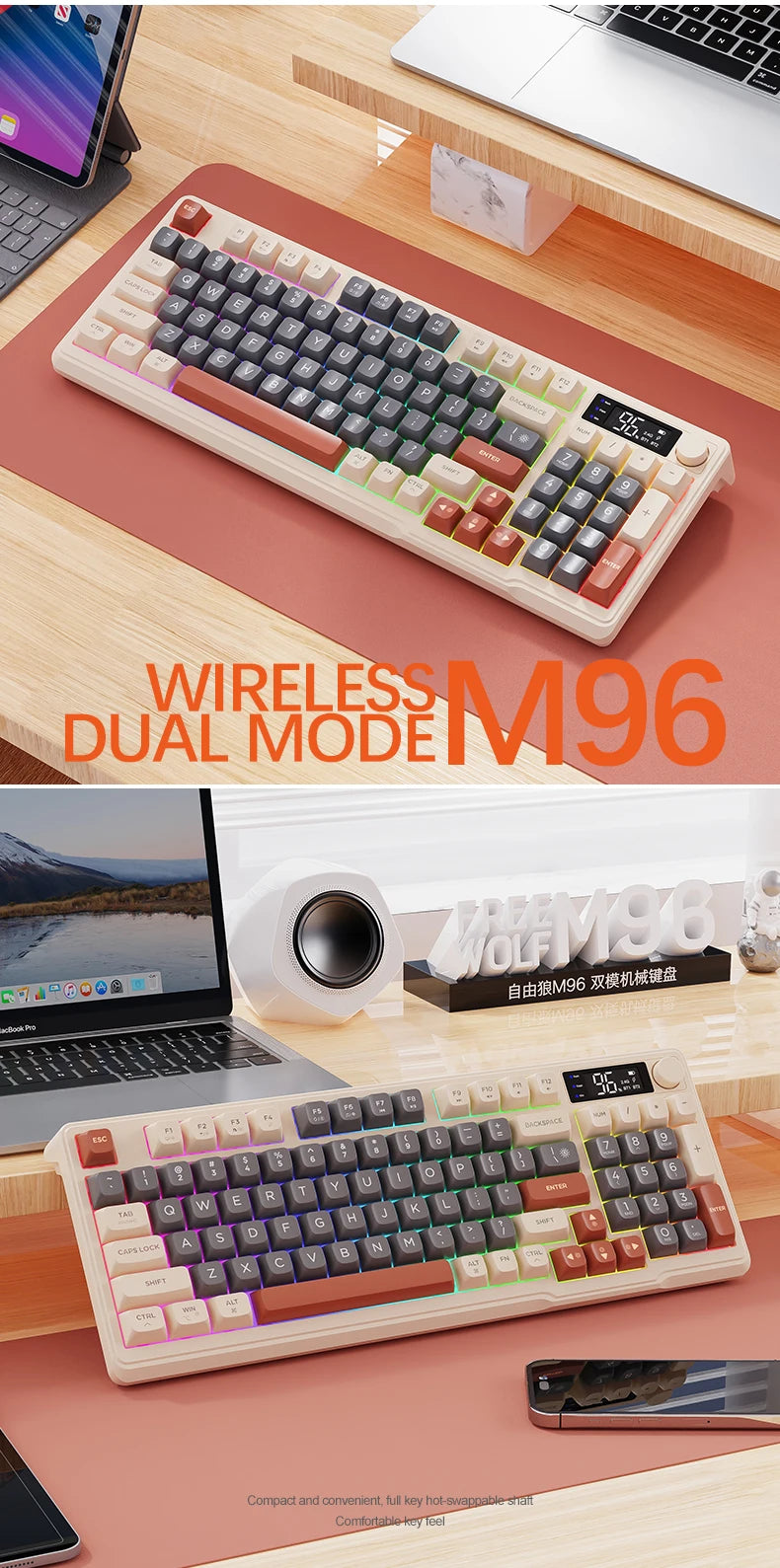M96 Bluetooth Keyboard Wireless FREEWOLF Screen Gaming Keyboard,Electronic Screen, Multi-Device Connection,Ergonomics Gaming