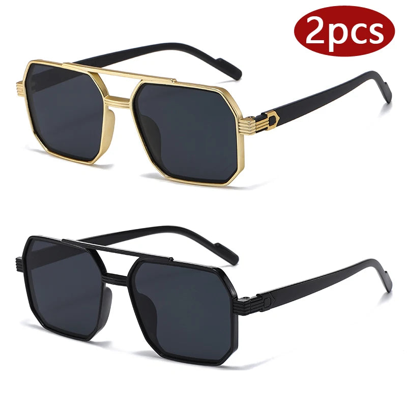2pcs Trendy Metal Polygonal Pilot Women Sunglasses Luxury Double Beam Men Sunglass Outdoor Driving Shade Sunglasses Unisex UV400