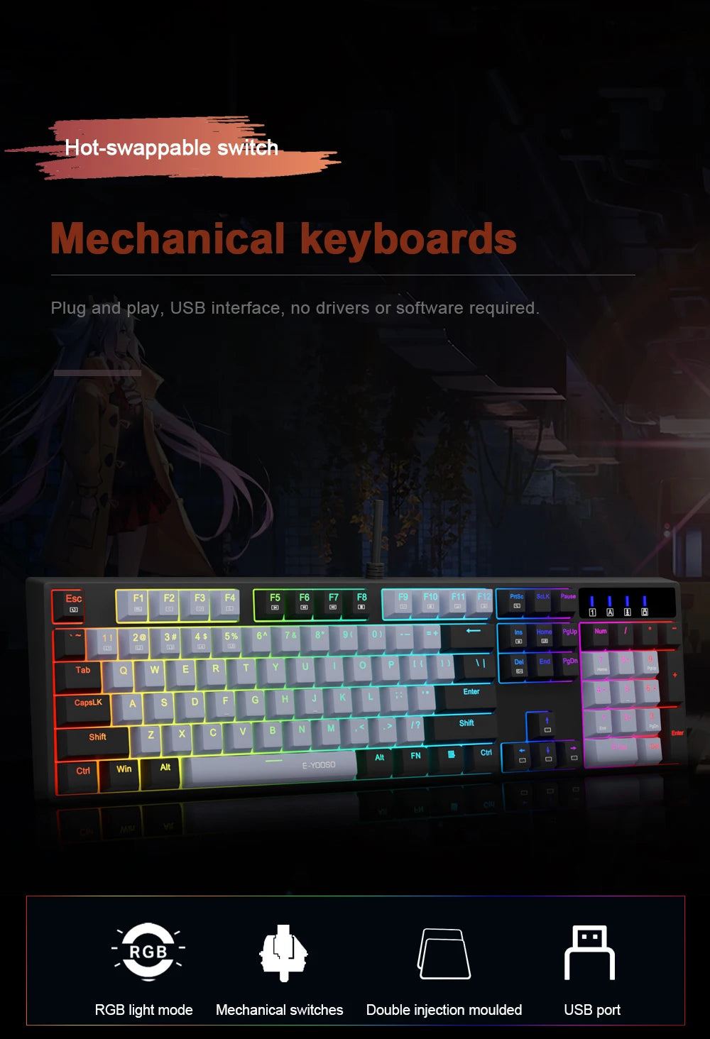 E-YOOSO Z14 RGB USB Mechanical Gaming Wired Keyboard Red Switch 104 Key Russian Brazilian Portuguese Gamer for Computer laptop