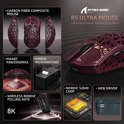 ATTACK SHARK R5 Ultra Carbon Fiber brezžična gaming miška, gaming senzor PixArt PAW3950MAX, 42000DPI, 8000Hz, MCU Nordic 52840