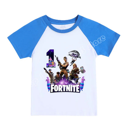 T-shirt infantil Fortnite Números 0-9, estampado cartoon de jogo, algodão puro, manga curta, top desportivo casual para menino e menina, presente de vestuário