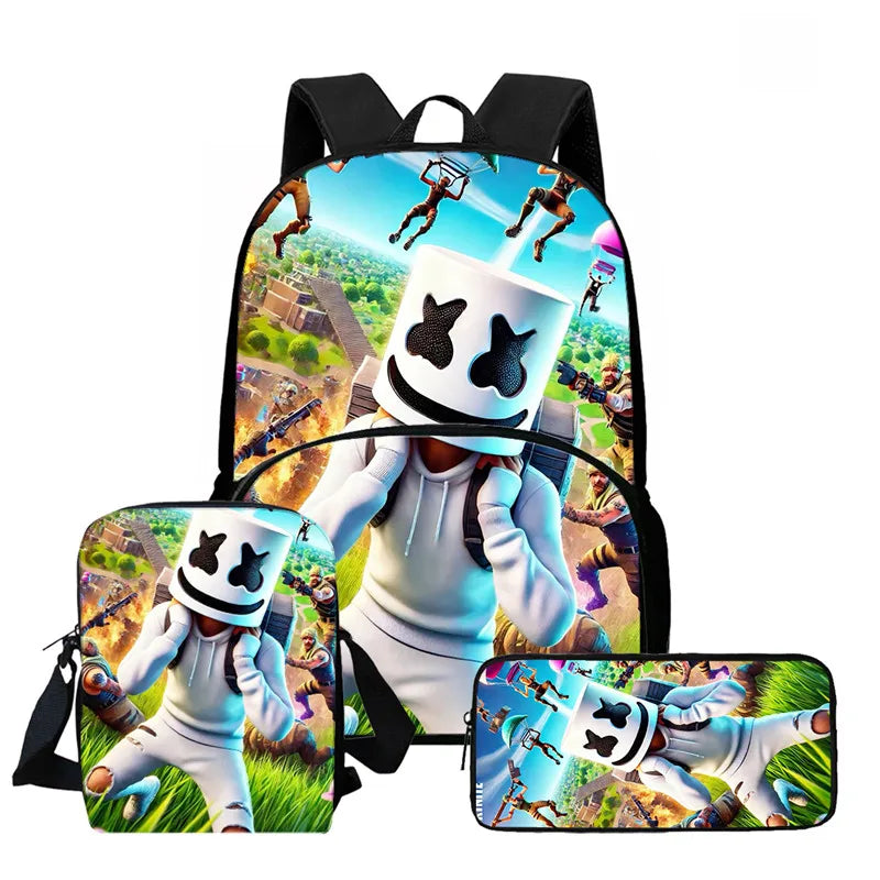 Conjunto de Mochila Fortnite Cartoon de 3 Peças Unissexo para Rapazes e Raparigas, Mochila com Bolso Frontal, Mala a Tiracolo e Estojo, Presente Ideal