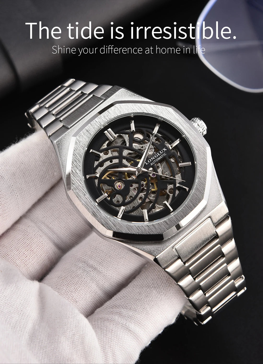 LONGLUX automatic watch business mechanical watches simple skeleton waterproof stainless steel cost effective mens watch gift