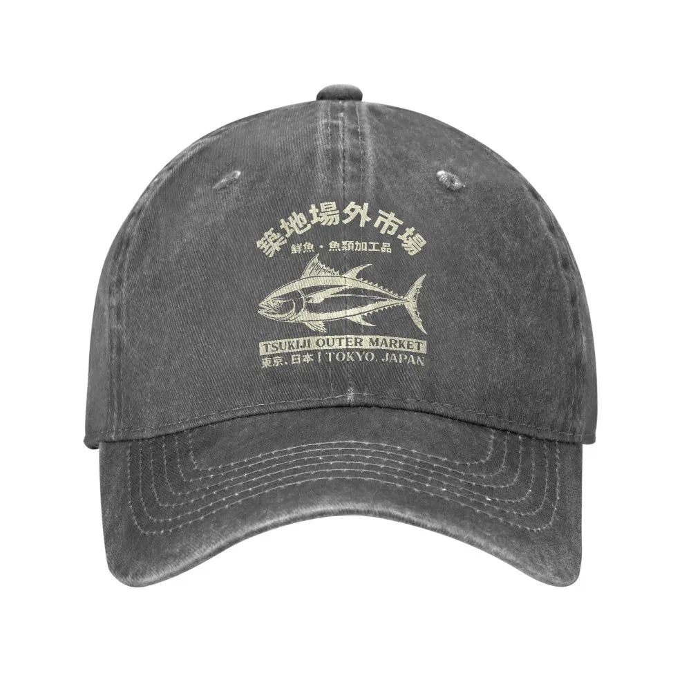 Casquette de baseball « Japanense Tsukiji Fish Market Washed Tokyo Japan » - Casquette trucker délavée au soleil - Casquette snapback pour femme et homme