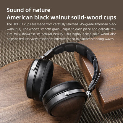 FiiO FT1 Professional Wired HiFi Monitor Headphones – North American Walnut Over-Ear Dynamic Stereo Headset with Leather & Metal Build
