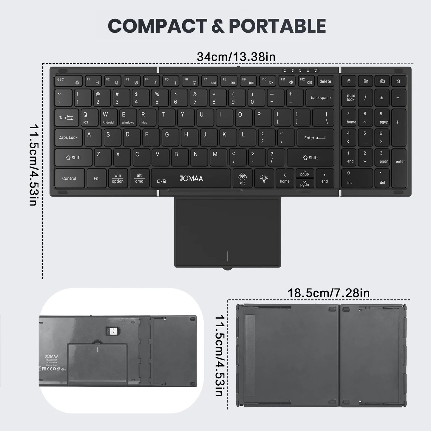 Jomaa hintergrundbeleuchtete klappbare Full-Size-Tastatur Bluetooth+USB, kabellose Tastatur mit Touchpad und Ziffernblock für Laptop Windows