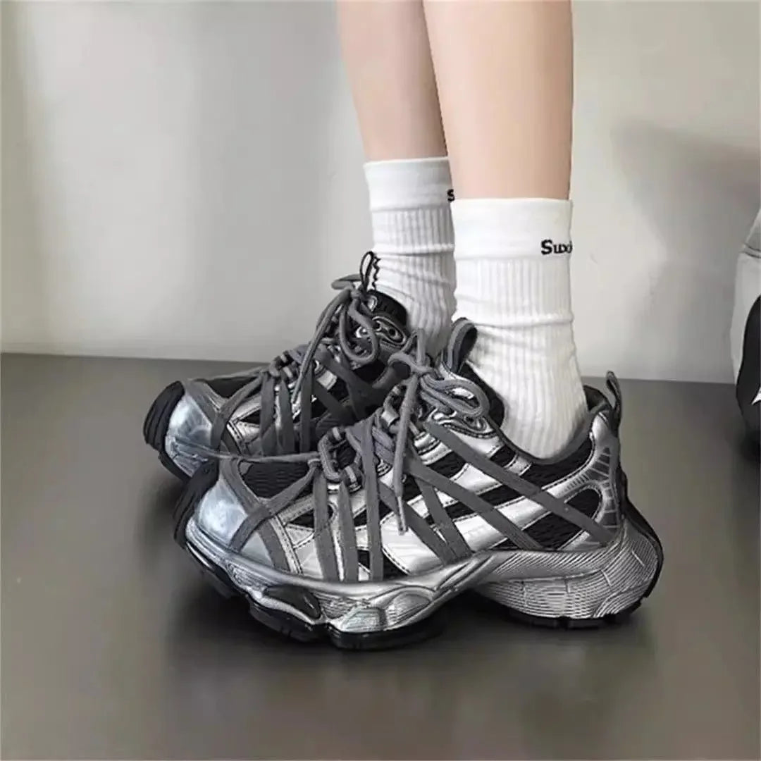 Spring Summer New Style Men Women Dad Shoes Thick Bottom Net Surface Sports Shoes Trendy Versatile Breathable Tie Shoes