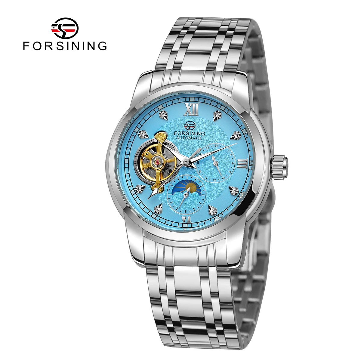 Montre mécanique automatique pour homme Forsining – Style luxe, business et mode, bracelet en métal, tourbillon, aiguilles luminescentes, ornée de diamants artificiels