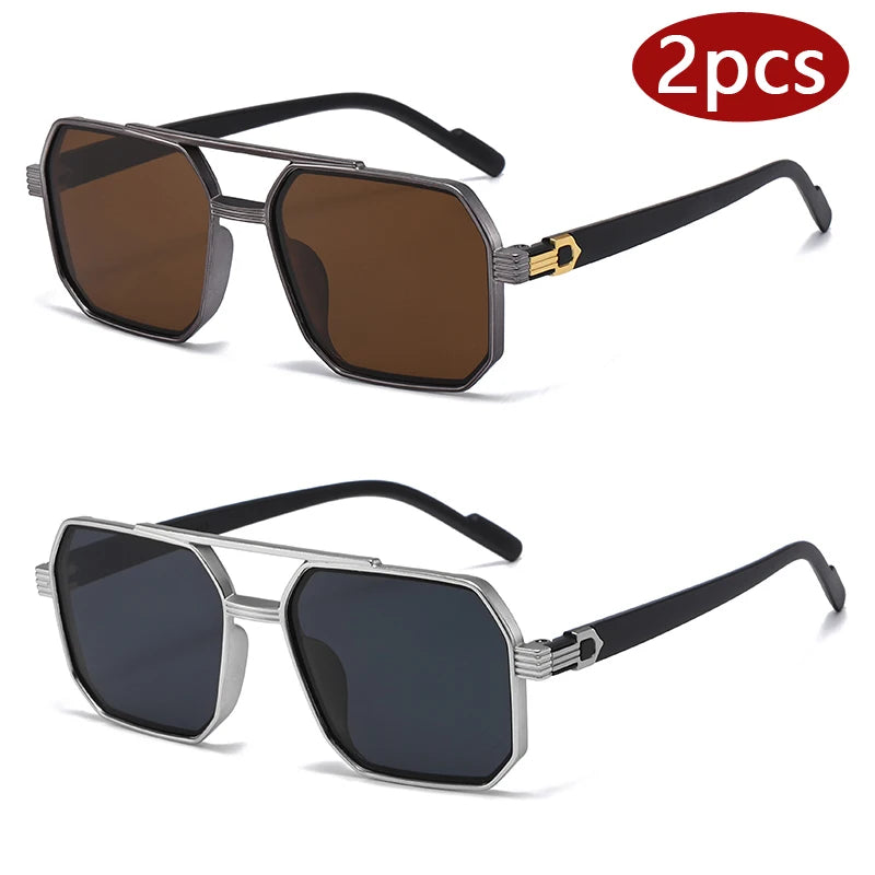2pcs Trendy Metal Polygonal Pilot Women Sunglasses Luxury Double Beam Men Sunglass Outdoor Driving Shade Sunglasses Unisex UV400