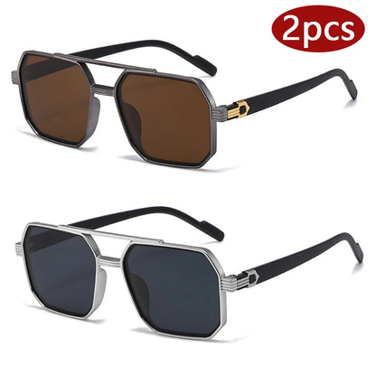 2pcs Trendy Metal Polygonal Pilot Women Sunglasses Luxury Double Beam Men Sunglass Outdoor Driving Shade Sunglasses Unisex UV400