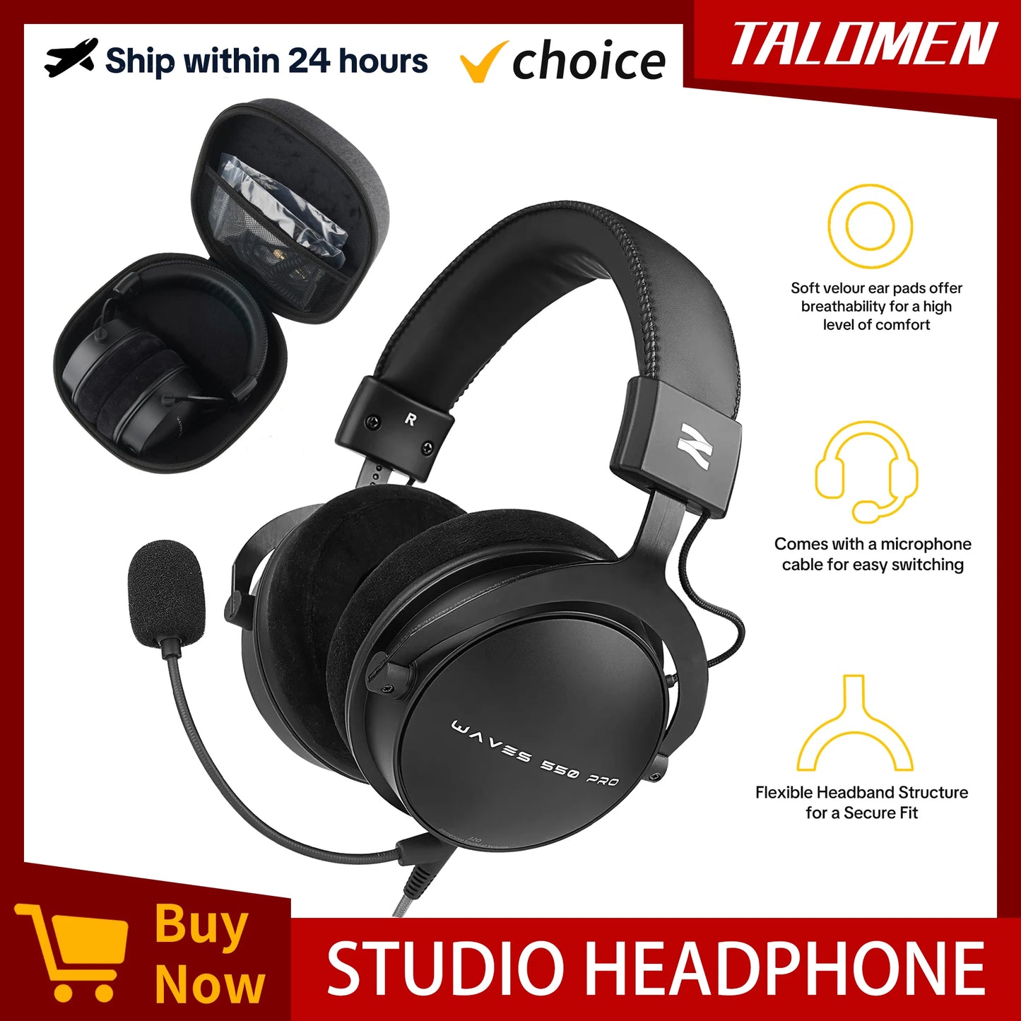 TALOMEN W550x Studio-Kopfhörer – Professionelle kabelgebundene Over-Ear-DJ-Monitor-Kopfhörer mit 50mm Treibern und abnehmbarem Kabel