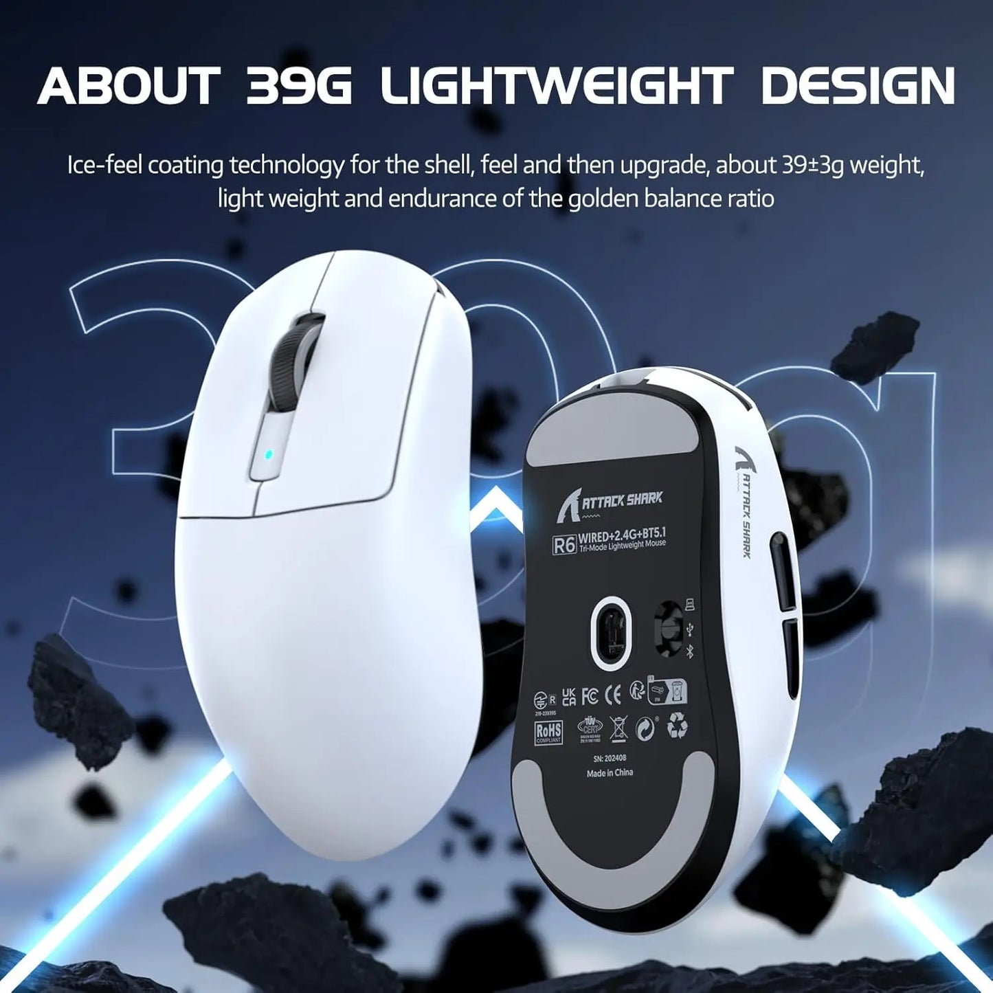 Ratón gaming inalámbrico ligero Attack Shark R6, ratón para ordenador con sensor PAW 3950Max y Nordic 52480, sondeo de 8KHz