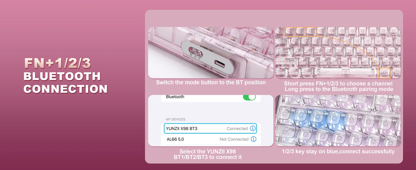 YUNZII X98 Pink QMK/VIA Wireless Transparent RGB Keyboard, Hot-Swap Gasket Mechanical Gaming Keyboard, Pre-lubed Knob Keyboard