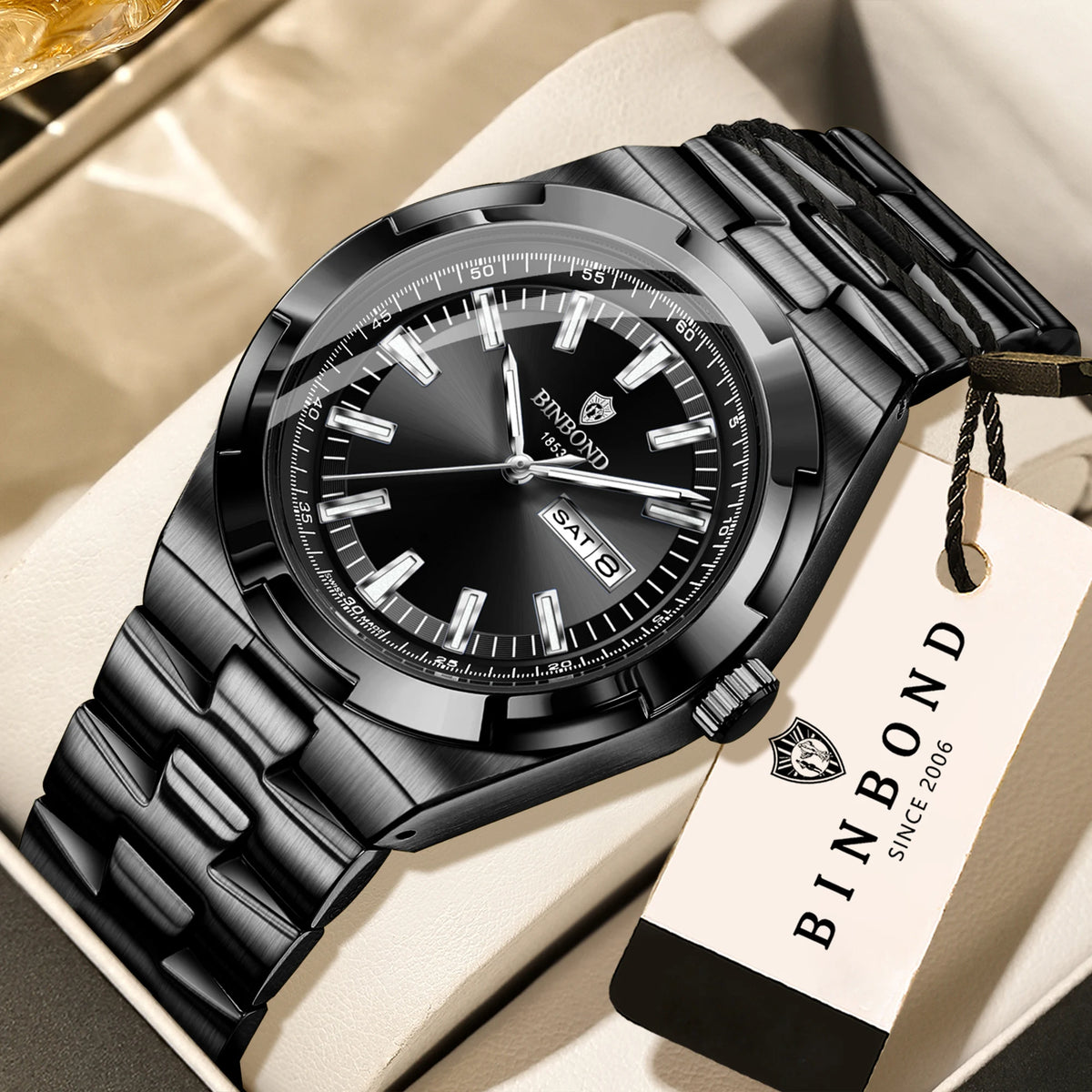 Montres à quartz BINBOND en acier inoxydable pour hommes – Montre de luxe, étanche et luminescente – Modèle original pour homme