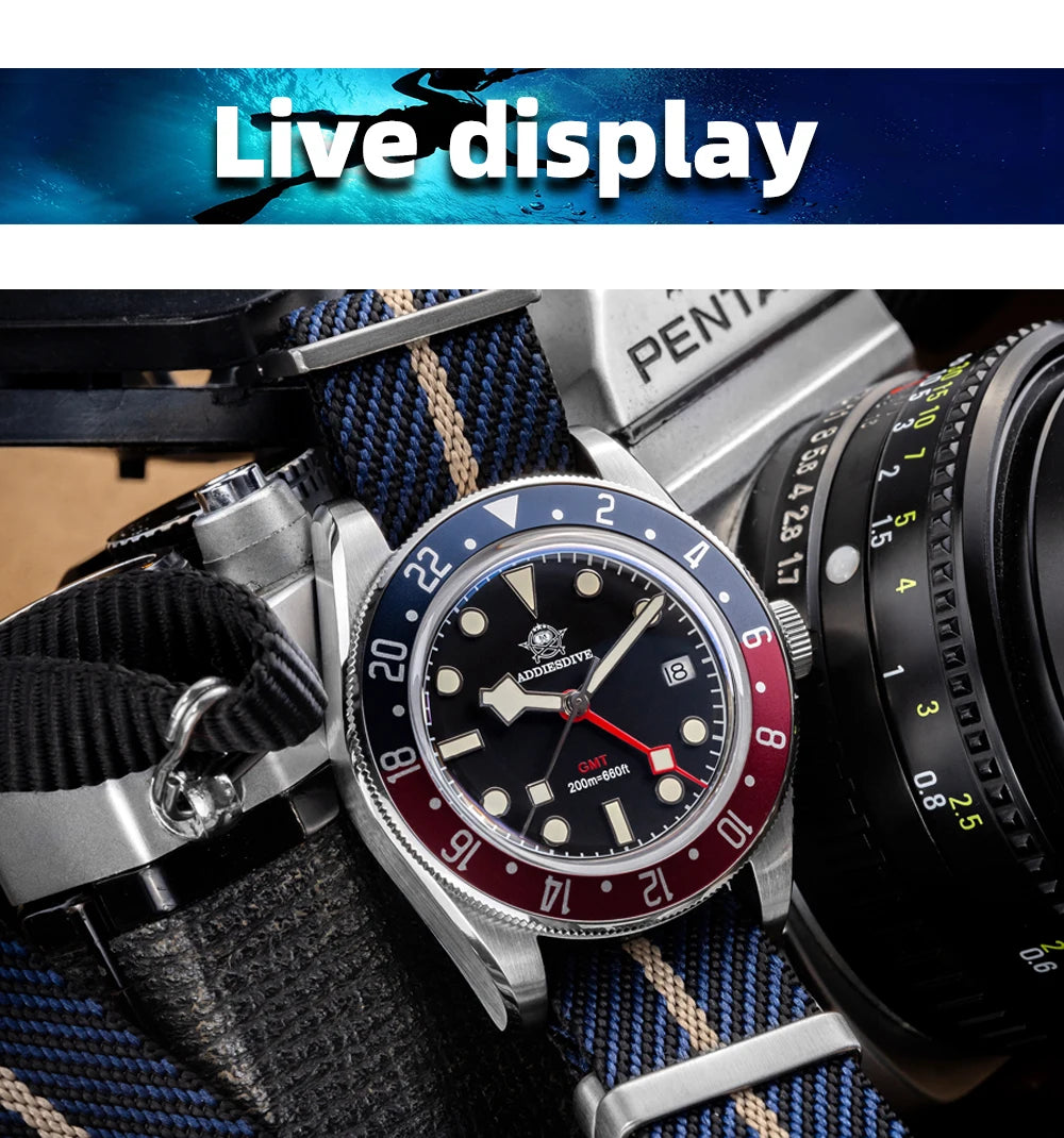ADDIESDIVE GMT Quartz Watches Bubble Mirror Glass AD2044 Men's Sport Diver Watch 20Bar Waterproof Super Luminous Man WristWatch