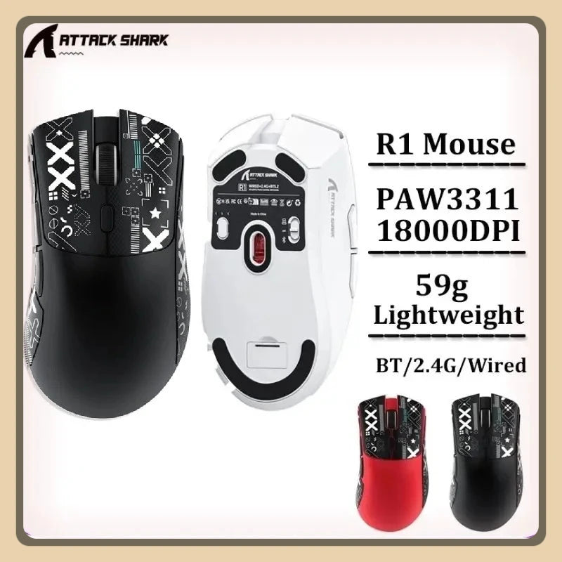 Attack Shark R1 2.4G USB безжична Bluetooth геймърска мишка 18K DPI PAW3311 трирежимна свързаност 59g лека за PC лаптоп Mac