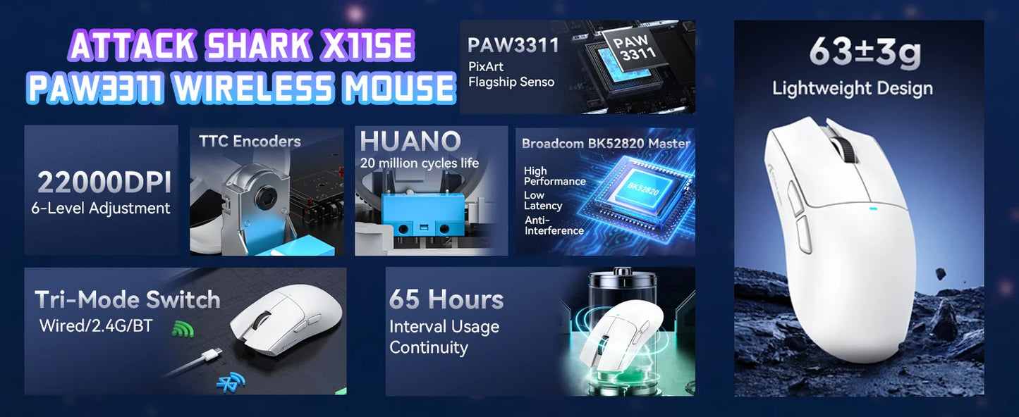 Ratón gaming inalámbrico ATTACK SHARK X11SE, trimodo, superligero de 63g con sensor PAW3311, 22000 DPI, batería de 300mAh, controlador dual