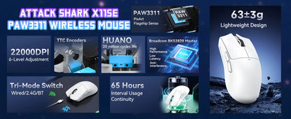 Ratón gaming inalámbrico ATTACK SHARK X11SE, trimodo, superligero de 63g con sensor PAW3311, 22000 DPI, batería de 300mAh, controlador dual