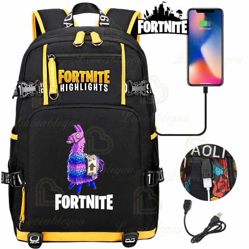 Red Jade F-Fortnited Battle Royale Backpack with USB Charging Anime Figures Study Stationery Compartment for Students Mochila