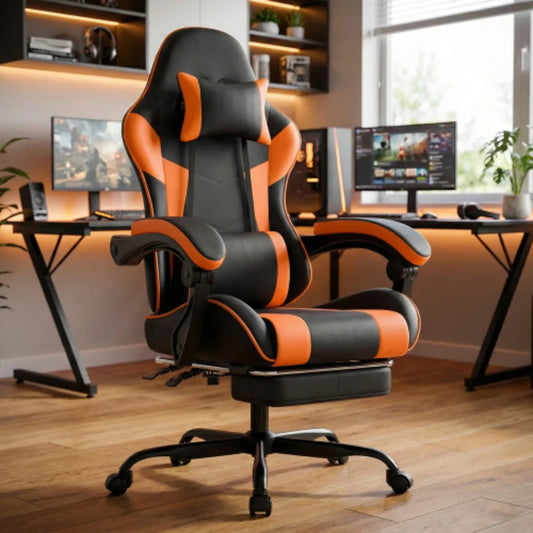 Ergonomic PU Leather Gaming Chair with Lumbar Support, Adjustable Reclining Gaming Chair, Footrest, 200KG Heavy Duty Computer Chair