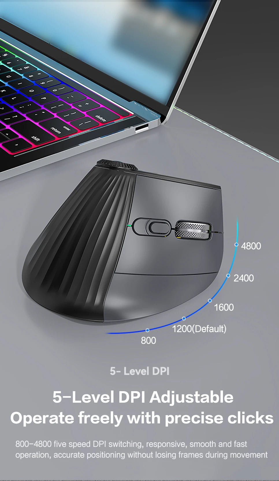 Backlit Wireless Ergonomic Mouse with Smart Flying Scroll, Function Adjustment Knob, Bluetooth & 2.4G Rechargeable Gaming Mouse