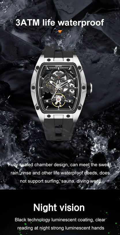 MEGIR Fashion Leisure Alloy Case Men Mechanical Watch Silicone Band Barrel Shaped Dial Luminous Pointer Design Man Wristwatch