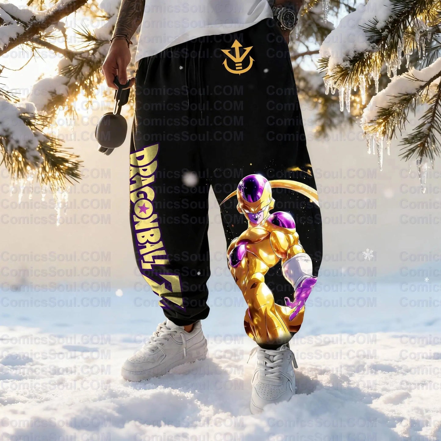 Conjunto de sudadera con capucha negra Dragon Ball Z Frieza Golden Form con estampado trasero de efecto de energía morada en algodón y diseño con logotipo M