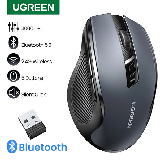 Bezdrôtová myš UGREEN Bluetooth 5.0, ergonomická myš 4000 DPI so 6 tichými tlačidlami, pre MacBook, tablet, notebooky, počítač PC, 2.4G myš