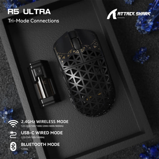 ATTACK SHARK R5 Ultra 8K kolfibertrådlös gamingmus med 42000 DPI-PAW3950 MAX-sensor – 39g ultralätt för Win/Mac