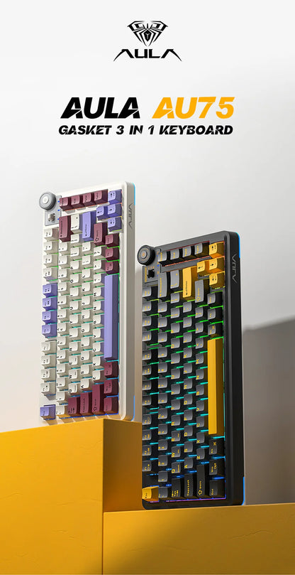 Teclado mecânico gaming esports AULA AU75, três modos, 81 teclas, teclas PBT, hot-swappable, RGB, teclado sem fios para PC desktop e escrita