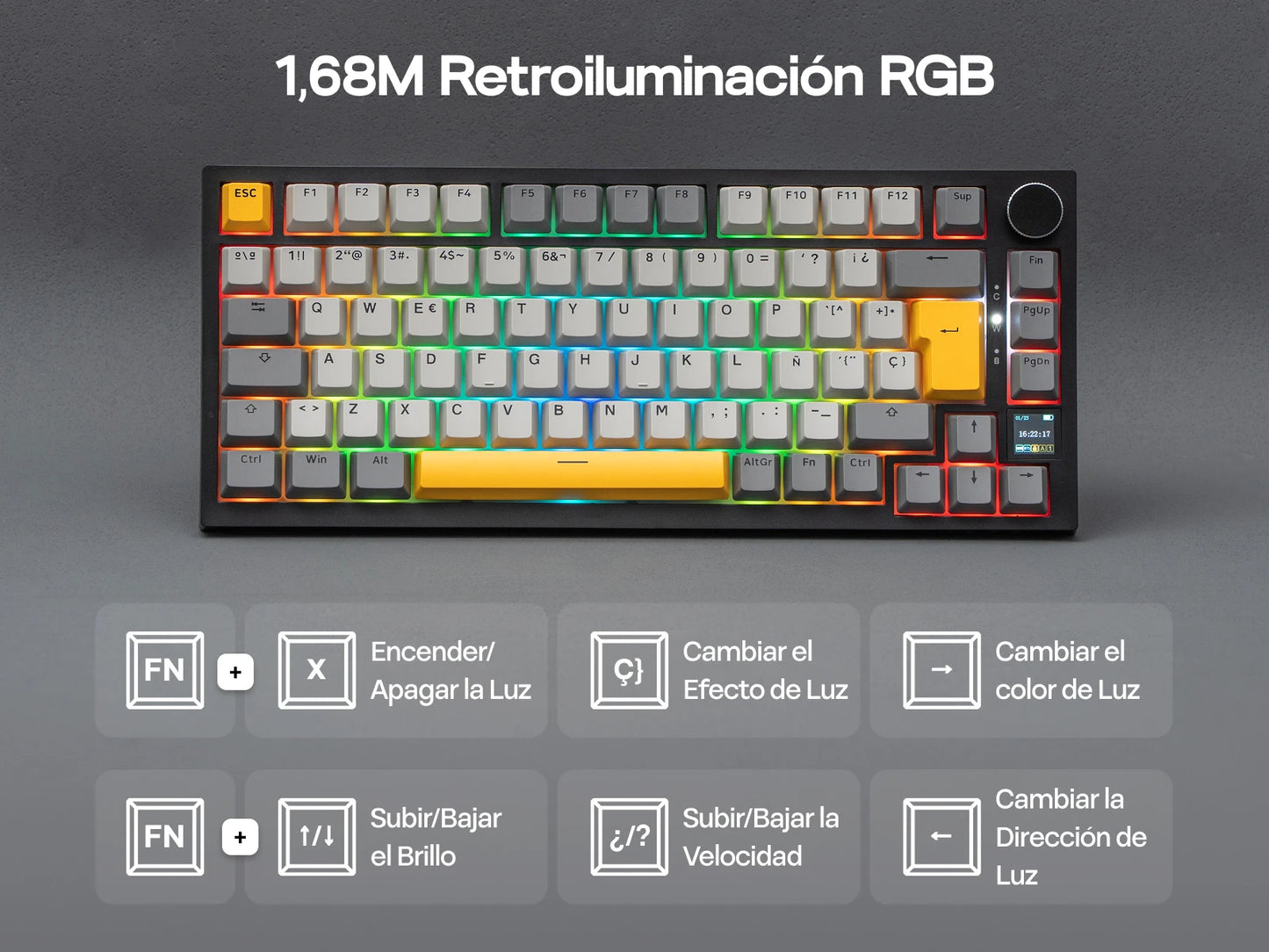 Layout ISO-ES EPOMAKER X AJAZZ AK820 PRO 75% spagnolo, tastiera meccanica cablata/2.4GHz/BT con schermo e manopola per PC/Mac