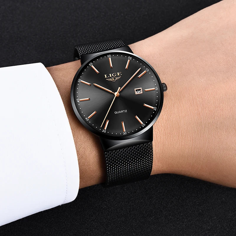 Pánske hodinky LIGE, elegantný a luxusný model, ultratenký, vodotesný, s remienkom z pletiva, quartzovým strojčekom, zobrazením dátumu a kalendára – ideálne pre profesionálny štýl.