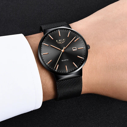 Pánske hodinky LIGE, elegantný a luxusný model, ultratenký, vodotesný, s remienkom z pletiva, quartzovým strojčekom, zobrazením dátumu a kalendára – ideálne pre profesionálny štýl.