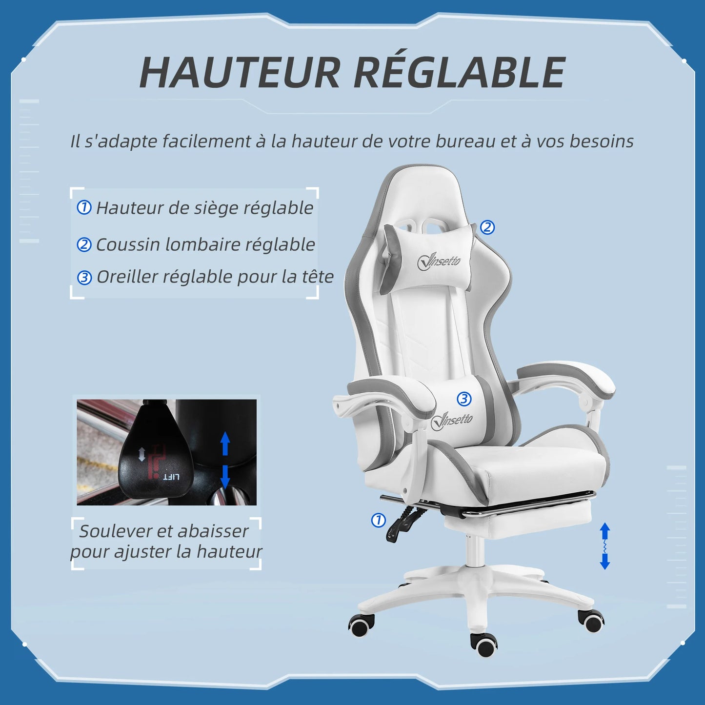 Gaming chair ergonomic gaming chair with 135° reclining backrest and lumbar support, 65x65x121-129 cm white