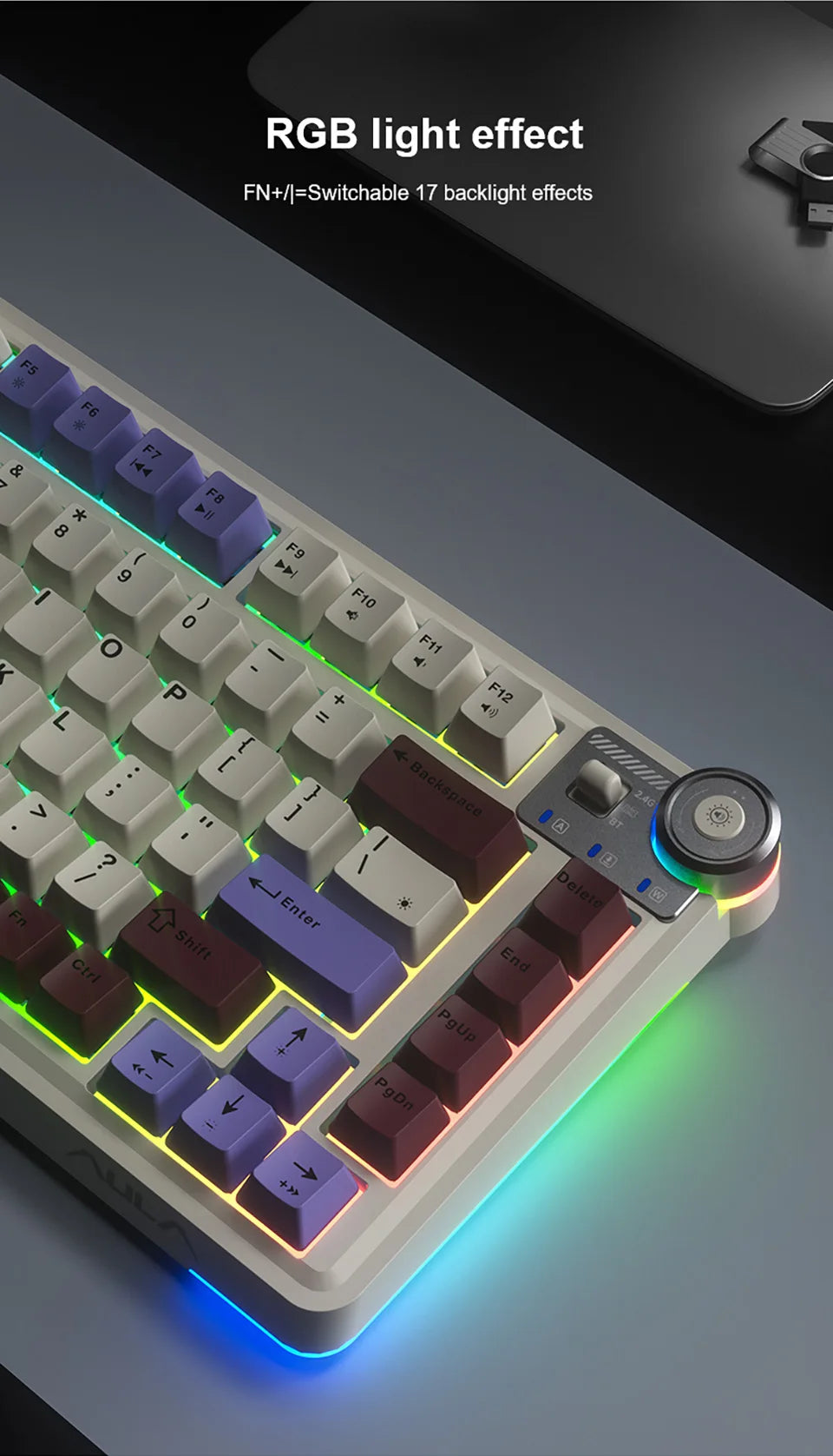 Teclado mecânico gaming esports AULA AU75, três modos, 81 teclas, teclas PBT, hot-swappable, RGB, teclado sem fios para PC desktop e escrita