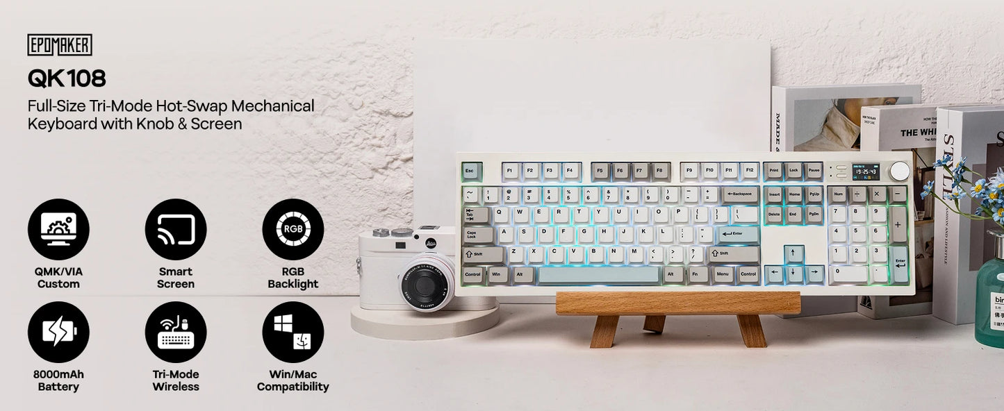 EPOMAKER QK108 QMK/VIA Full-Sized ANSI US Layout Wired/BT/2.4Ghz Wireless Mechanical Keyboard RGB Backlight with 8000mAh Battery