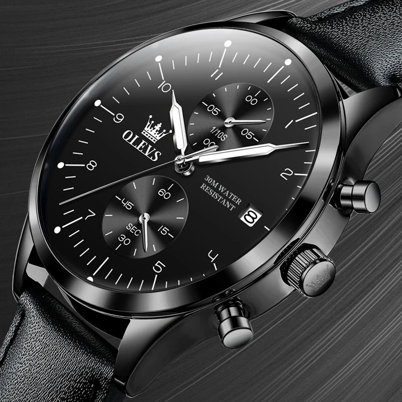 Pánske hodinky OLEVS 2880 – Elegantný a minimalistický chronograf, kožený remienok, automatické zobrazovanie dátumu, vodotesné, luminiscenčné ručičky, quartzový strojček.