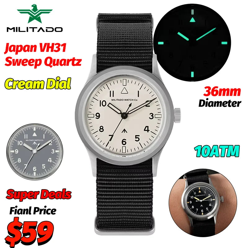 Militado ML14 Quartz Watch Cream Dial VH31/VH65 Sweep Movement Bubble K1/ Sapphire Luminous 36Mm Vintage Watches 100M Waterproof
